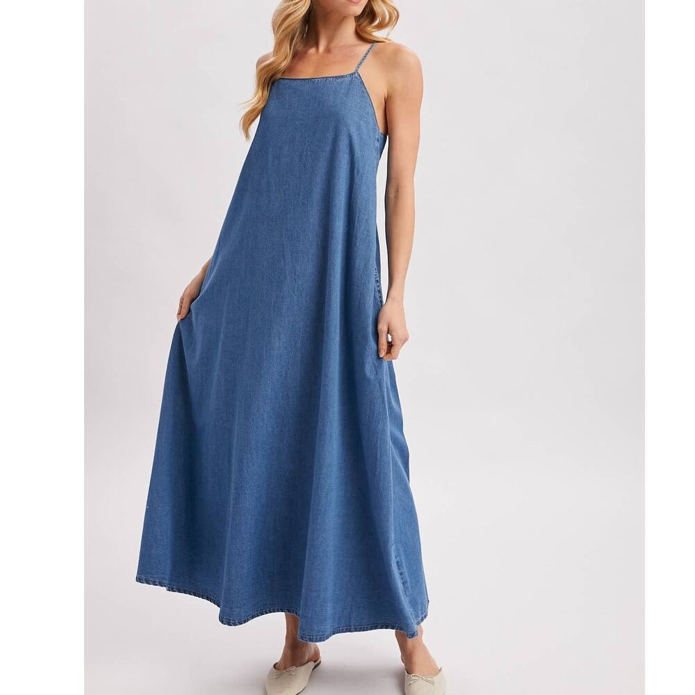 Denim Chambray Open Back Maxi Dress - Sleeveless Tent Dress with Pockets - Picture 6 of 10